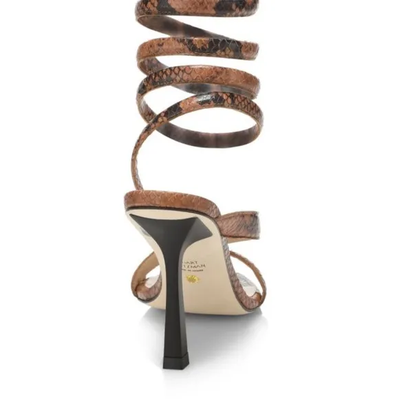 STUART WEITZMAN Beatrix 100 wrap high heel sandal luxury brown snakeskin sz8