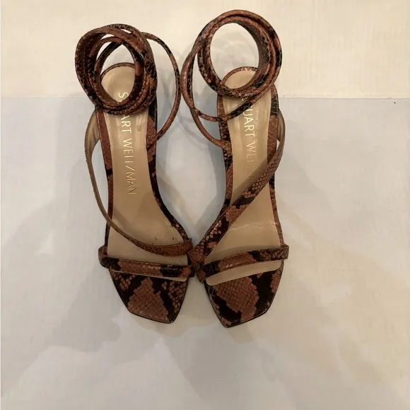 STUART WEITZMAN Beatrix 100 wrap high heel sandal luxury brown snakeskin sz8