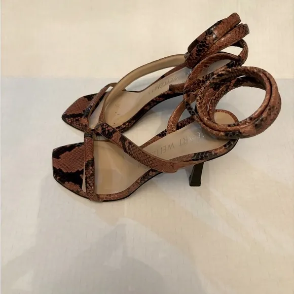STUART WEITZMAN Beatrix 100 wrap high heel sandal luxury brown snakeskin sz8