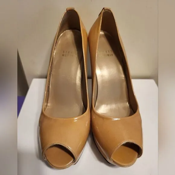 Stuart Weitzman Beige Patent Leather Peep Toe Platform Sandals Sz 6.5 MSRP $495