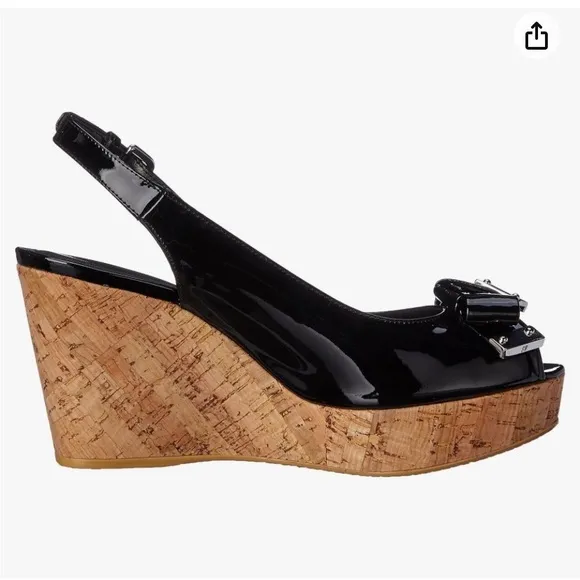 STUART WEITZMAN Black Bodajean Bow Patent Leather Wedge Sandals