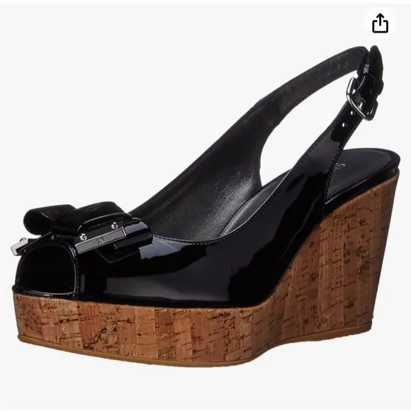 STUART WEITZMAN Black Bodajean Bow Patent Leather Wedge Sandals