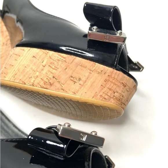 STUART WEITZMAN Black Bodajean Bow Patent Leather Wedge Sandals