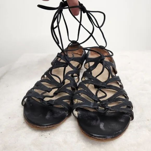 Stuart Weitzman Black Leather Lace-Up Gladiator Sandals Size 8.5
