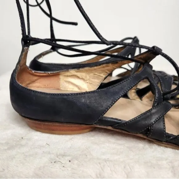 Stuart Weitzman Black Leather Lace-Up Gladiator Sandals Size 8.5