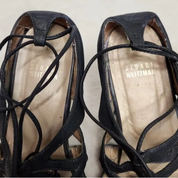Stuart Weitzman Black Leather Lace-Up Gladiator Sandals Size 8.5