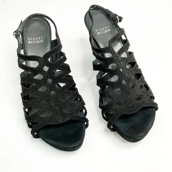 Stuart Weitzman Black Nubuck Rollover Sandals 8.5M