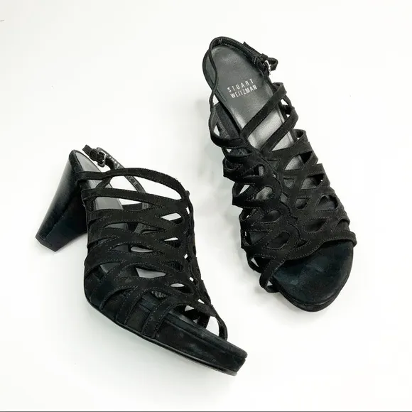 Stuart Weitzman Black Nubuck Rollover Sandals 8.5M