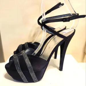Stuart Weitzman Black Peau de Soie w/Crystal Trim Platform Sandals Sz.7 Ret $500