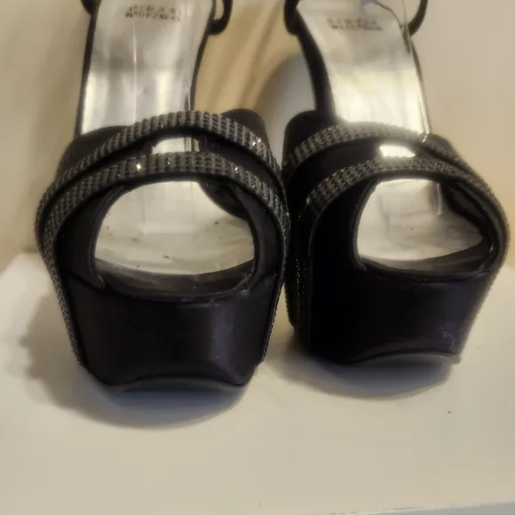 Stuart Weitzman Black Peau de Soie w/Crystal Trim Platform Sandals Sz.7 Ret $500