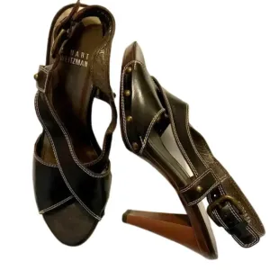 Stuart Weitzman black platform peep toe chunky heel sandals size 7