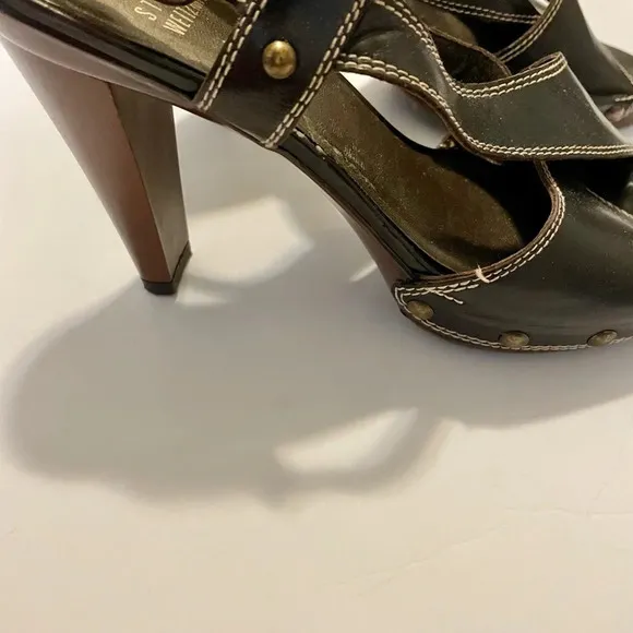 Stuart Weitzman black platform peep toe chunky heel sandals size 7