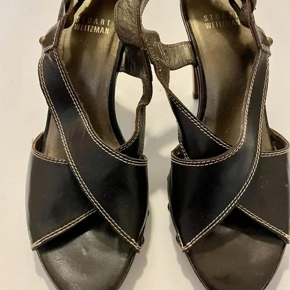 Stuart Weitzman black platform peep toe chunky heel sandals size 7
