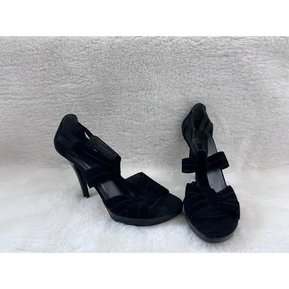 Stuart Weitzman Black Velvet Platform Heels Size 8M | T-Strap High Heel Sandals