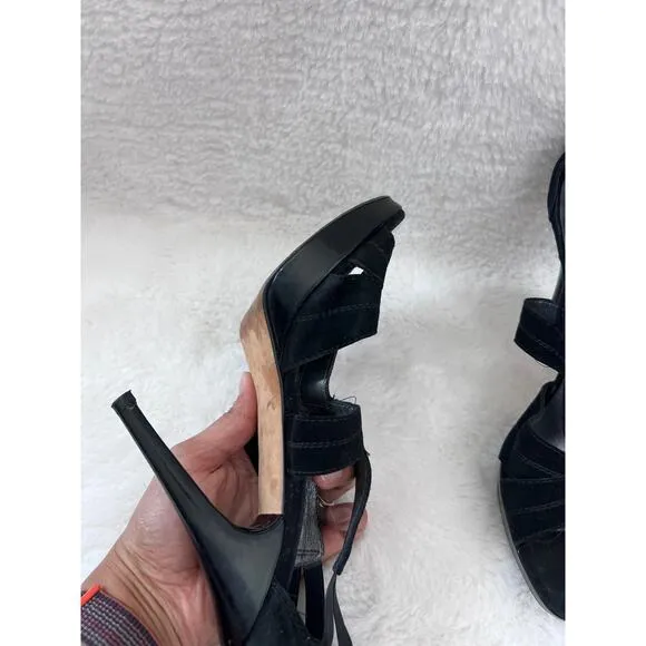Stuart Weitzman Black Velvet Platform Heels Size 8M | T-Strap High Heel Sandals