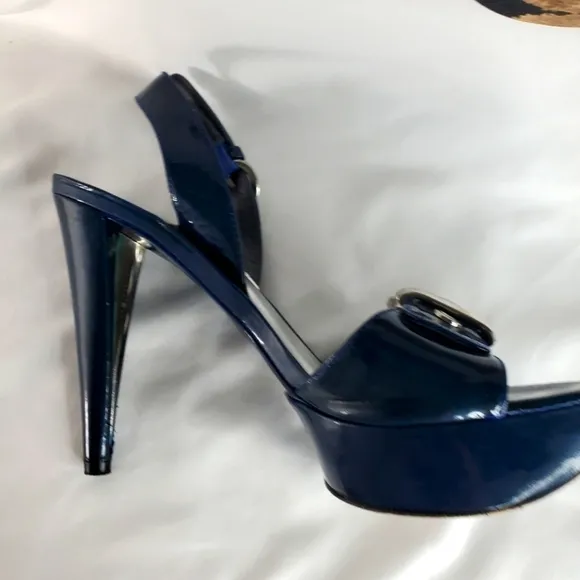 Stuart Weitzman blue patent leather buckle slingback platform sandals heel  7.5