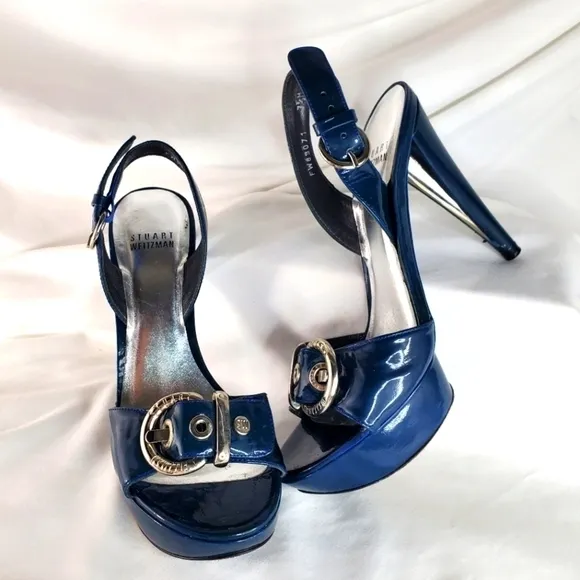 Stuart Weitzman blue patent leather buckle slingback platform sandals heel  7.5