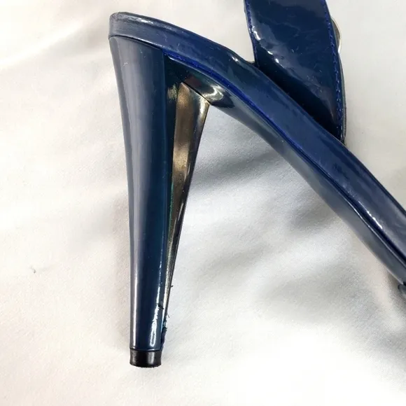 Stuart Weitzman blue patent leather buckle slingback platform sandals heel  7.5
