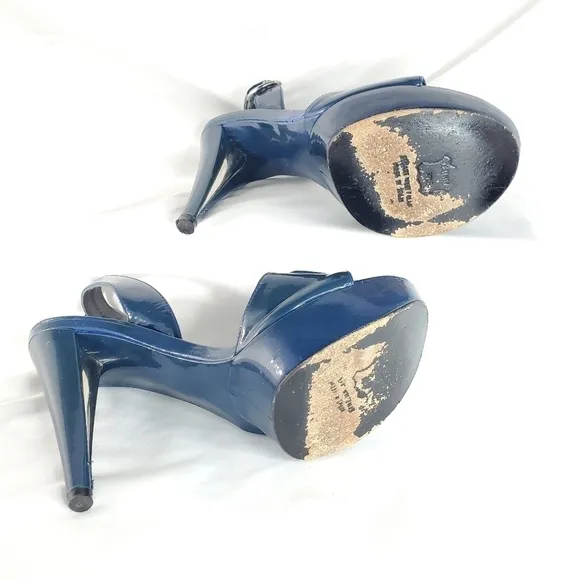 Stuart Weitzman blue patent leather buckle slingback platform sandals heel  7.5