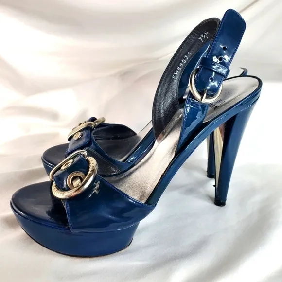 Stuart Weitzman blue patent leather buckle slingback platform sandals heel  7.5