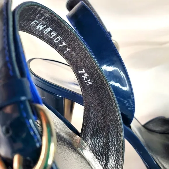 Stuart Weitzman blue patent leather buckle slingback platform sandals heel  7.5