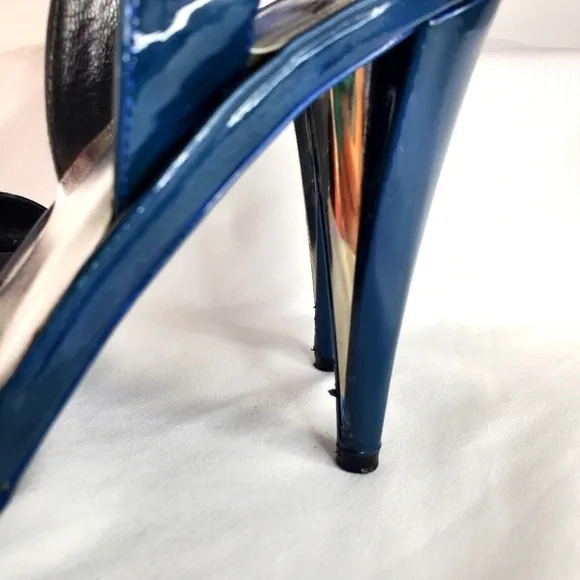 Stuart Weitzman blue patent leather buckle slingback platform sandals heel  7.5