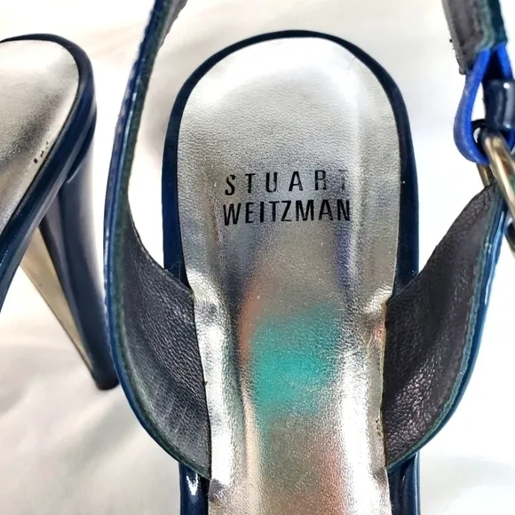 Stuart Weitzman blue patent leather buckle slingback platform sandals heel  7.5