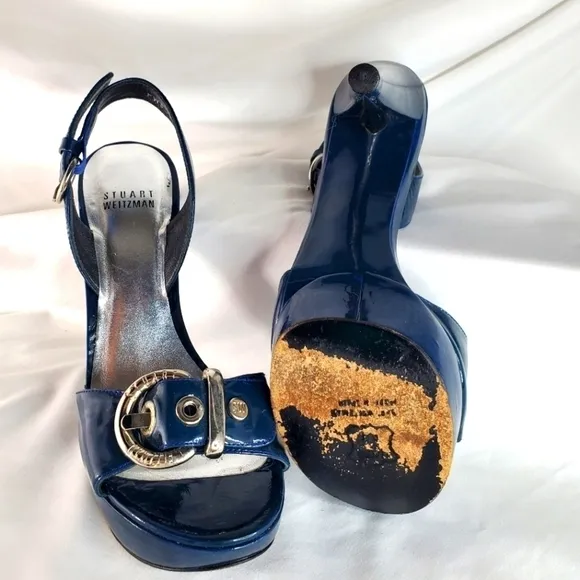 Stuart Weitzman blue patent leather buckle slingback platform sandals heel  7.5