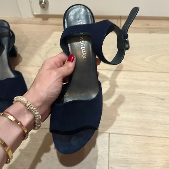 Stuart Weitzman dark blue suede block heel platform sandals