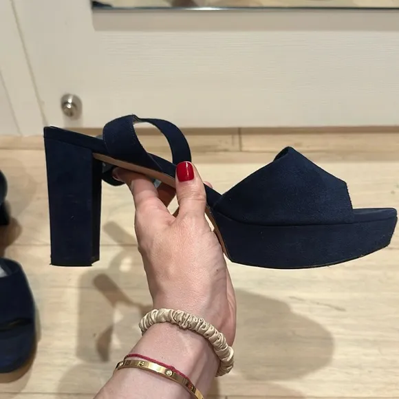 Stuart Weitzman dark blue suede block heel platform sandals