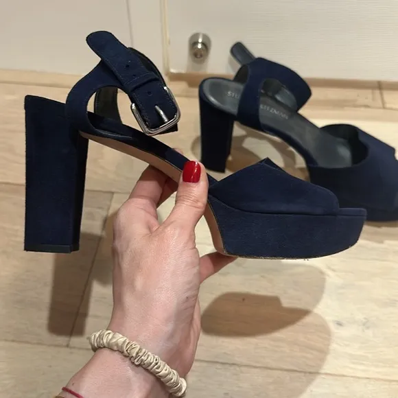 Stuart Weitzman dark blue suede block heel platform sandals
