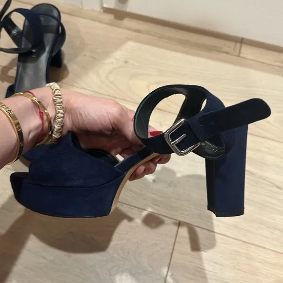 Stuart Weitzman dark blue suede block heel platform sandals