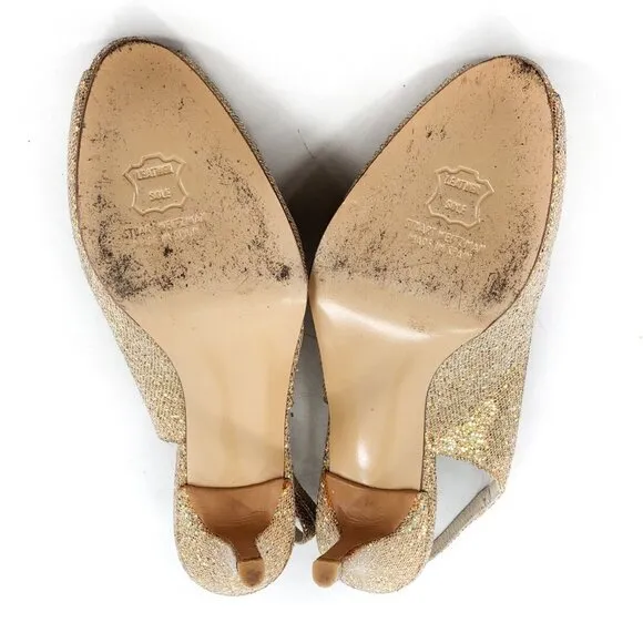 STUART WEITZMAN Gold Sparkle Peep Toe Platform Slingback Sandals
