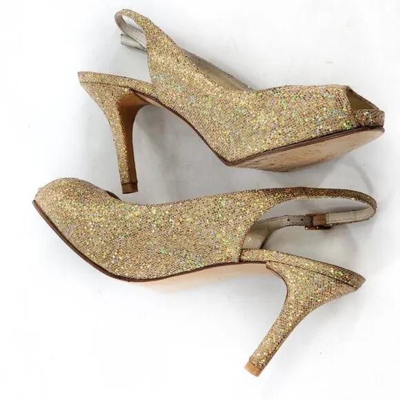 STUART WEITZMAN Gold Sparkle Peep Toe Platform Slingback Sandals