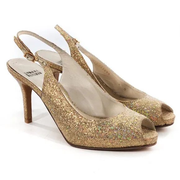 STUART WEITZMAN Gold Sparkle Peep Toe Platform Slingback Sandals