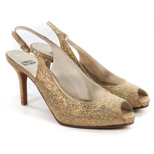 STUART WEITZMAN Gold Sparkle Peep Toe Platform Slingback Sandals