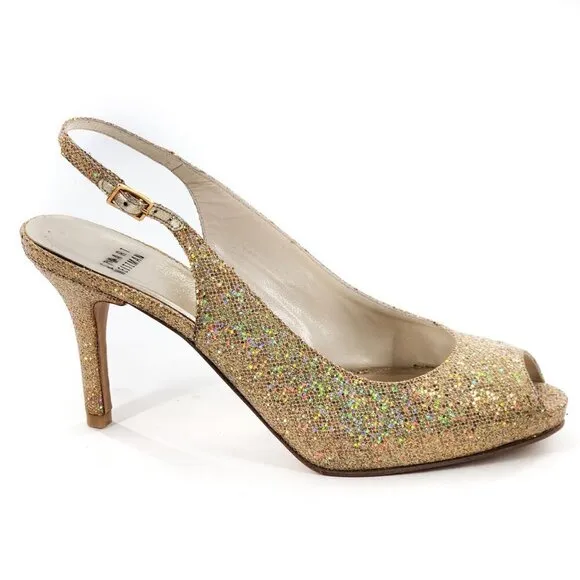 STUART WEITZMAN Gold Sparkle Peep Toe Platform Slingback Sandals