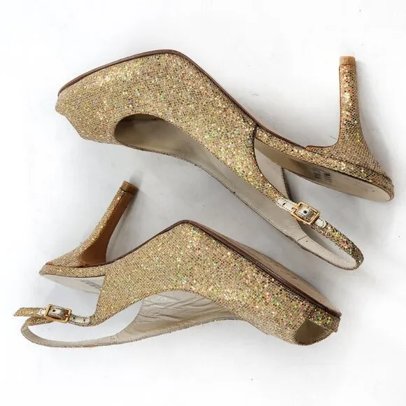STUART WEITZMAN Gold Sparkle Peep Toe Platform Slingback Sandals
