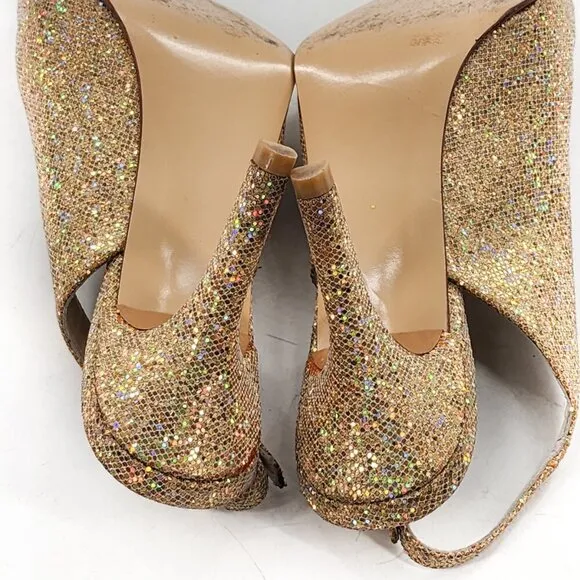 STUART WEITZMAN Gold Sparkle Peep Toe Platform Slingback Sandals