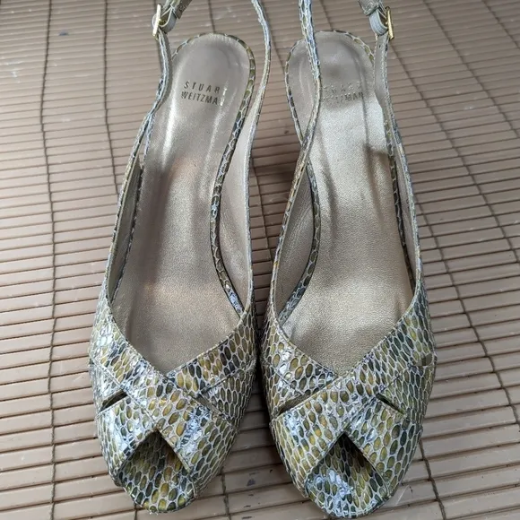Stuart Weitzman gold/grey women's sz 10M slingback platform open toe sandals. Sn