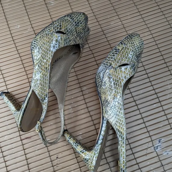 Stuart Weitzman gold/grey women's sz 10M slingback platform open toe sandals. Sn
