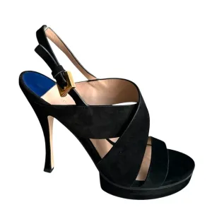 Stuart Weitzman Hester Platform Sandals Black Suede Slingback Heels Women’s