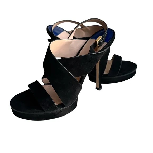 Stuart Weitzman Hester Platform Sandals Black Suede Slingback Heels Women’s