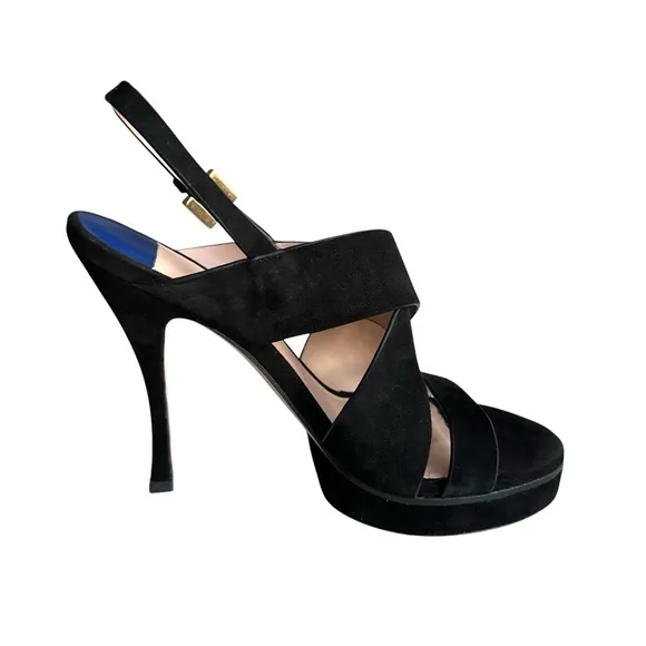 Stuart Weitzman Hester Platform Sandals Black Suede Slingback Heels Women’s