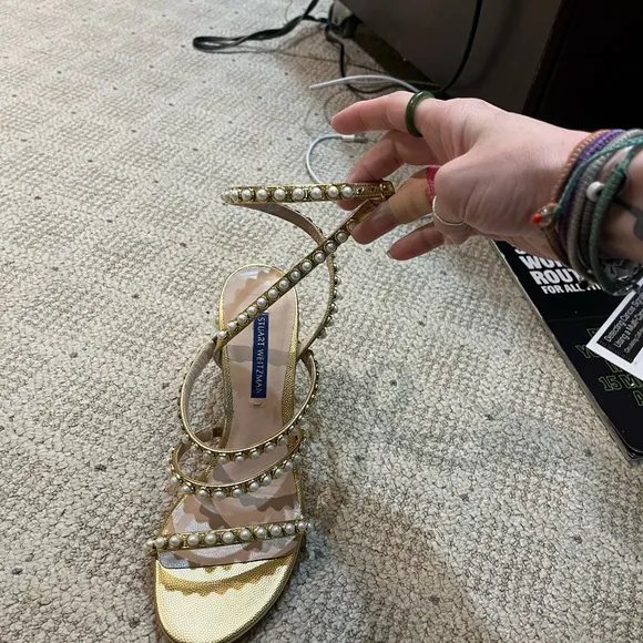 Stuart Weitzman Leather Pearl Bisque Sandals.