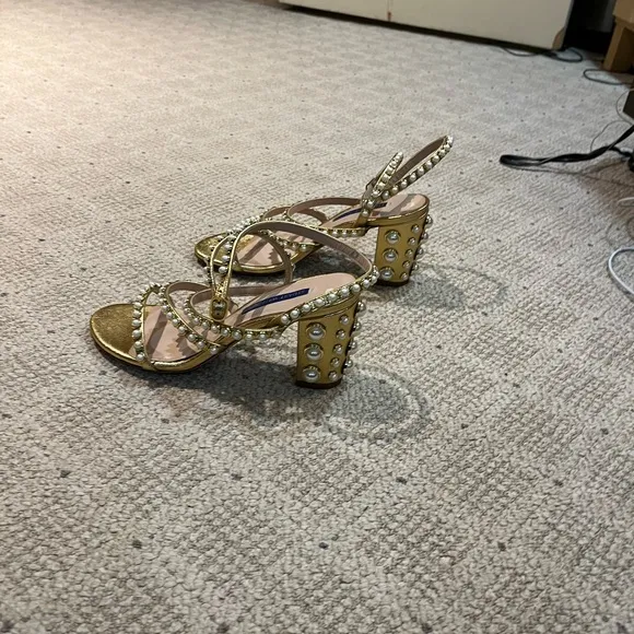 Stuart Weitzman Leather Pearl Bisque Sandals.