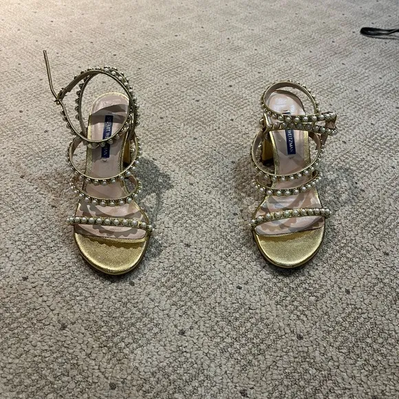 Stuart Weitzman Leather Pearl Bisque Sandals.