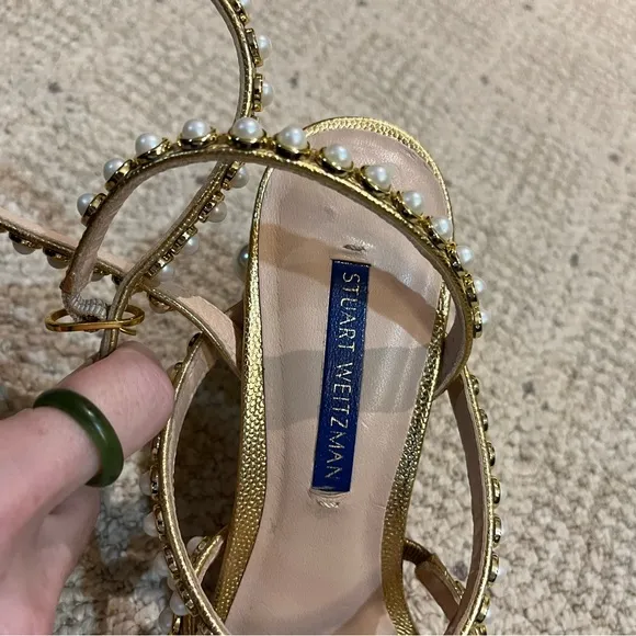 Stuart Weitzman Leather Pearl Bisque Sandals.