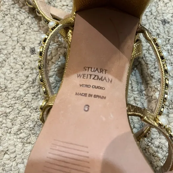 Stuart Weitzman Leather Pearl Bisque Sandals.