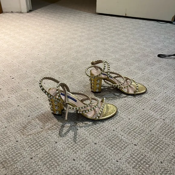 Stuart Weitzman Leather Pearl Bisque Sandals.